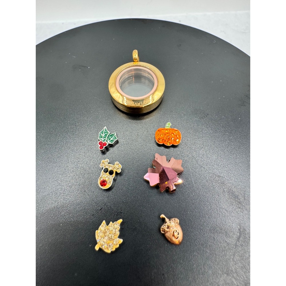 Origami Owl Gold Floating Locket with 6 Fall and Holiday Charms Pumpkin Reindeer
